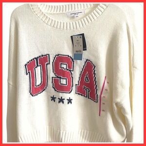 New‎ W/Tags Grayson Threads XXL Cream USA Graphic Knit Cropped Pullover Sweater
